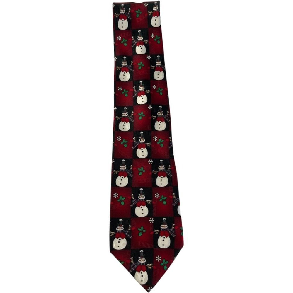 Hallmark Yule Tie Greetings Necktie Mens Red Black Silk Snowman Holiday Christma - Picture 2 of 10